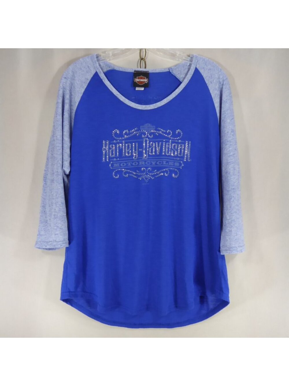 Harley Davidson Womens L Blue 3/4 Sleeve Rhinestone Raglan Shirt Cleveland OH
